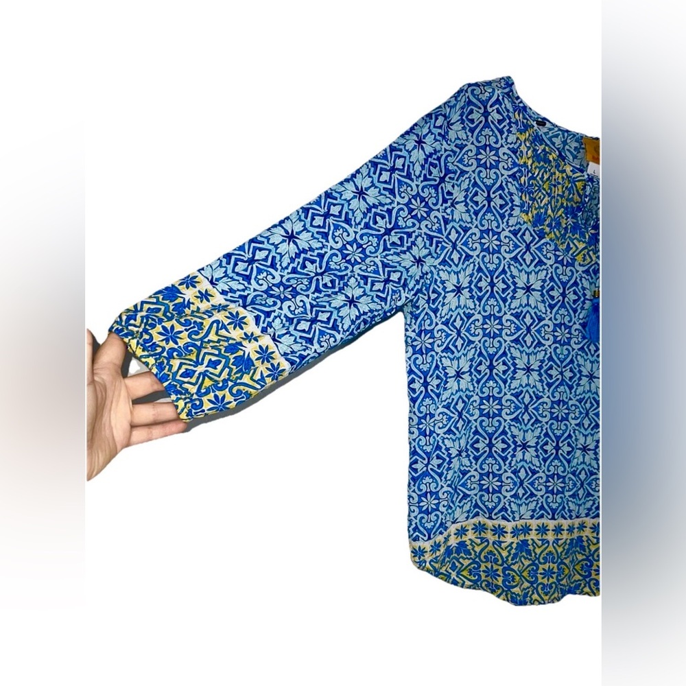 Ruby Rd Women’s Blue Yellow Metallic Blouse with Tassels Size Large - Picture 6 of 11